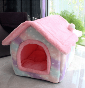 Foldable Dog House Pet Cat Bed Winter Dog Villa Sleep Kennel Removable Nest Warm Enclosed Cave Sofa Pets Supplies (Option: Pink starry sky-Small)