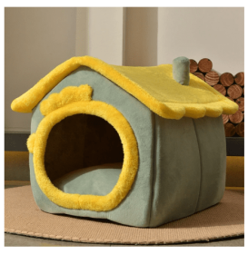 Foldable Dog House Pet Cat Bed Winter Dog Villa Sleep Kennel Removable Nest Warm Enclosed Cave Sofa Pets Supplies (Option: Light green dinosaur-Medium)