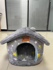 Foldable Dog House Pet Cat Bed Winter Dog Villa Sleep Kennel Removable Nest Warm Enclosed Cave Sofa Pets Supplies (Option: Grey stars Blue-Large)