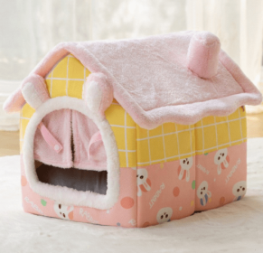 Foldable Dog House Pet Cat Bed Winter Dog Villa Sleep Kennel Removable Nest Warm Enclosed Cave Sofa Pets Supplies (Option: Rabbit door curtain-Small)