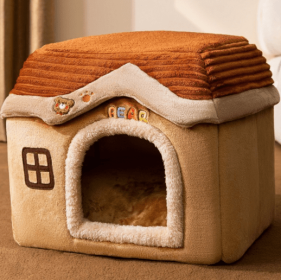 Foldable Dog House Pet Cat Bed Winter Dog Villa Sleep Kennel Removable Nest Warm Enclosed Cave Sofa Pets Supplies (Option: Brown Bear Castle-Medium)