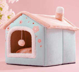 Foldable Dog House Pet Cat Bed Winter Dog Villa Sleep Kennel Removable Nest Warm Enclosed Cave Sofa Pets Supplies (Option: Romantic cherry blossom-Large)