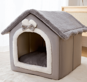 Foldable Dog House Pet Cat Bed Winter Dog Villa Sleep Kennel Removable Nest Warm Enclosed Cave Sofa Pets Supplies (Option: Grey Rabbit-Small)